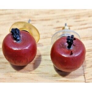 Vintage Costume Red Wooden Apple Stud Earrings